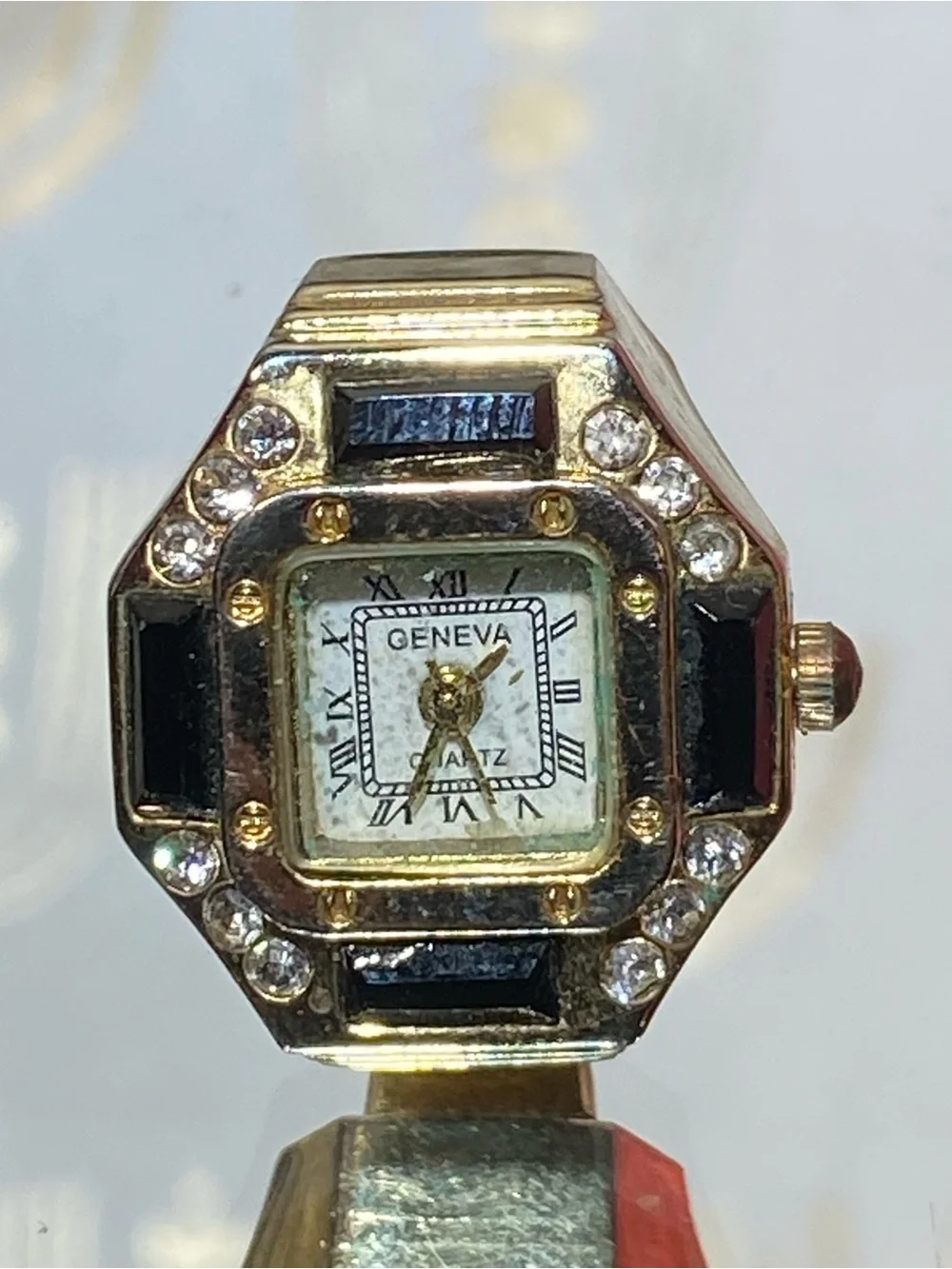 Geneva Gold-Tone Crystal Ring Watch with Black Accents